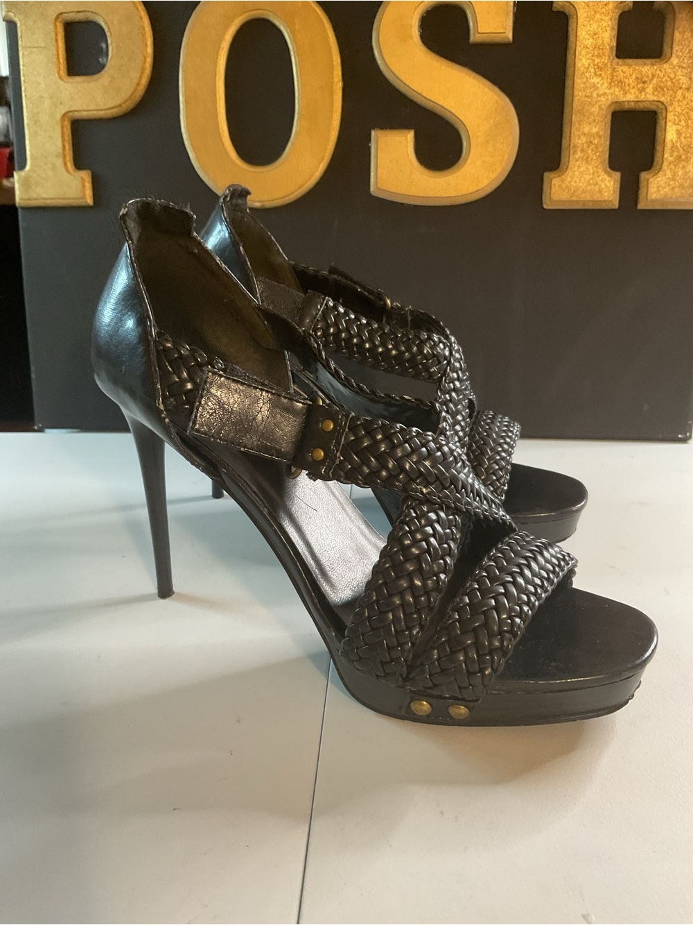 $15 FIRM Michael Antonio Black Braided Strap Stiletto